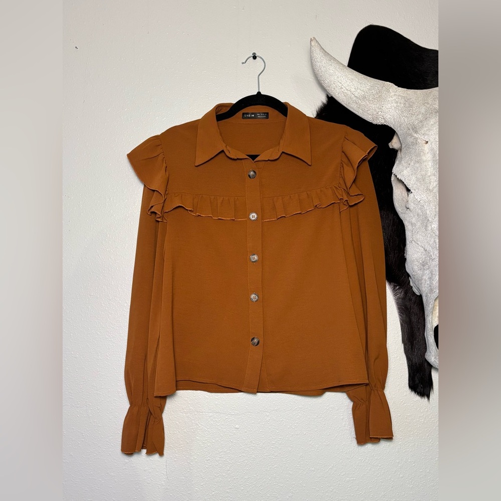 SHEIN Brunt Orange Ruffled Button-Down Women’s Shirt